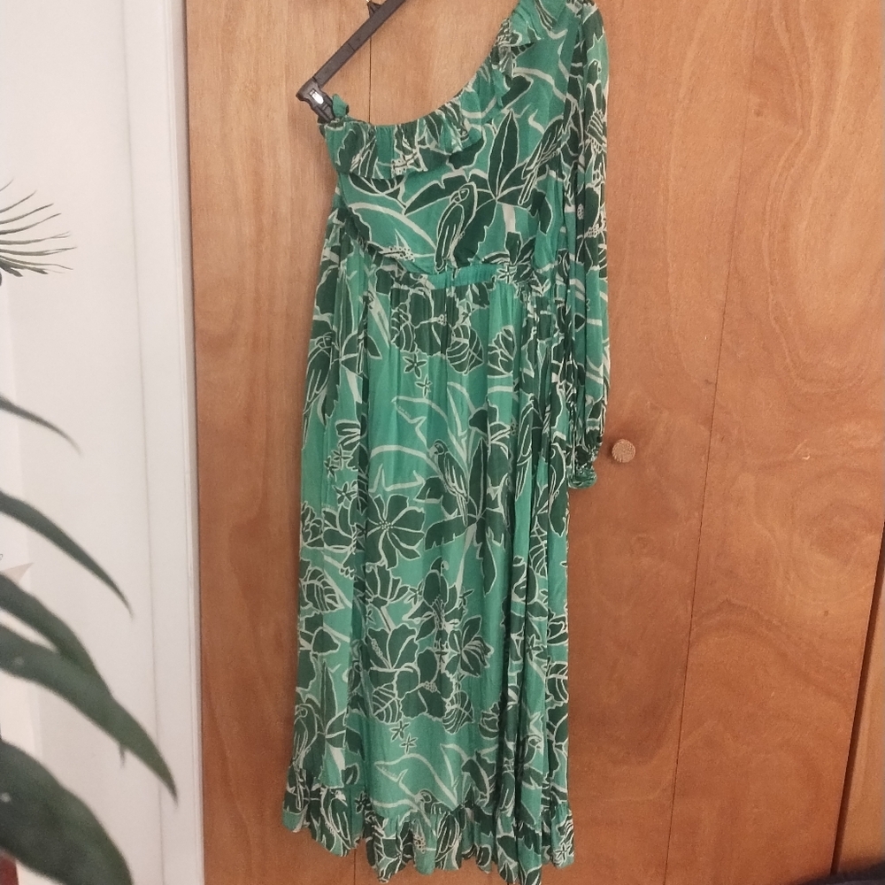 Anthropologie Farm Rio Green One-Shoulder Floral Dress Size 1X - Picture 5 of 6